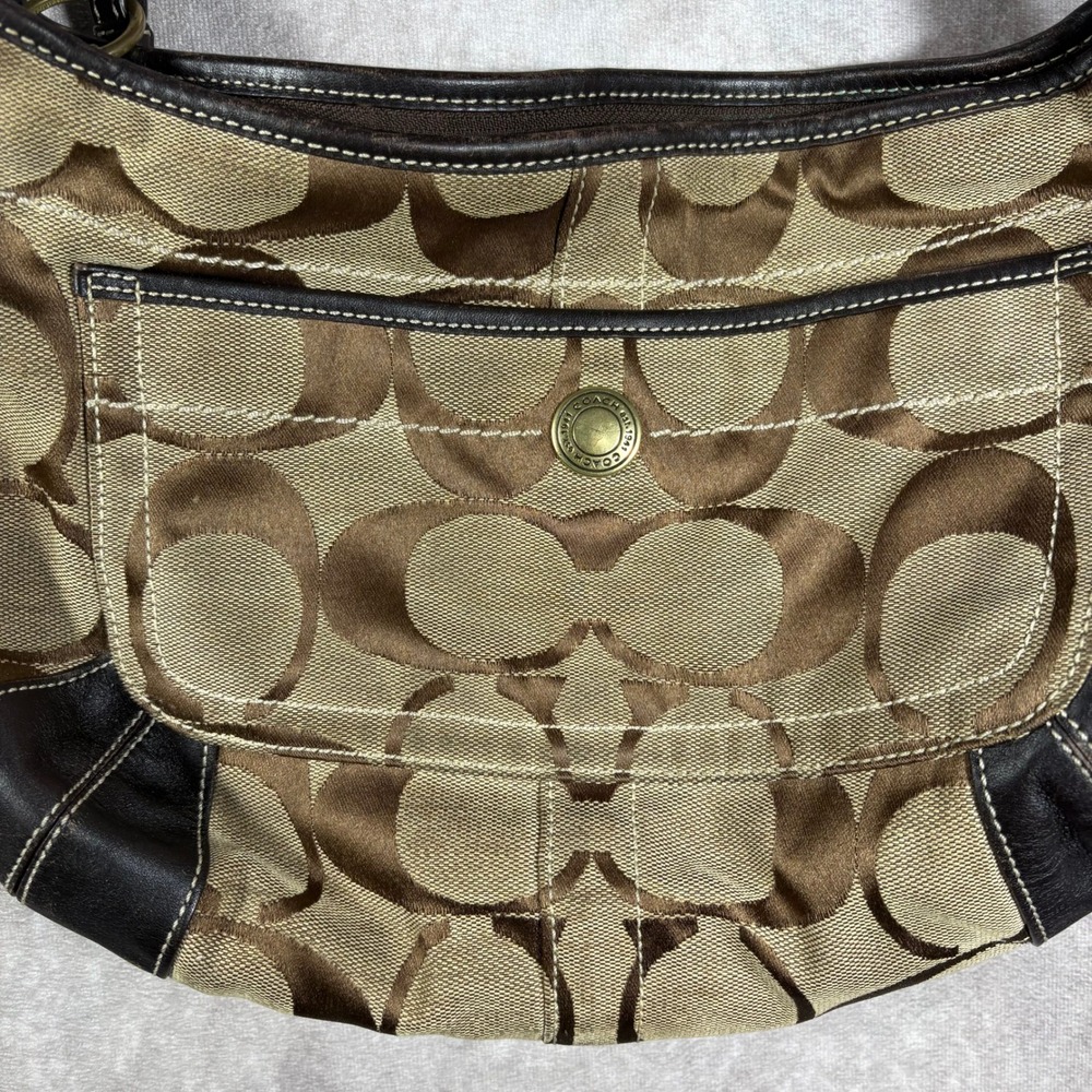 Coach Shoulder Bag Women Medium Brown Signature Canvas Hobo Leather Trim Vintage - Picture 5 of 16